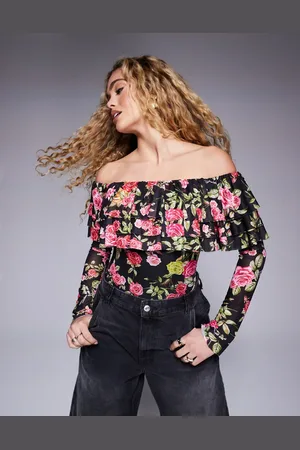 AFRM Saylor - Langærmet offshoulder-bodystocking med flæser og rosenprint-Multifarvet