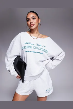 ASOS Weekend Collective - Gråmeleret offshoulder-sweatshirt med broderet logo - Del af sæt