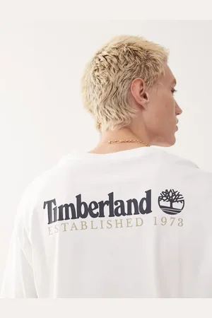 Timberland Råhvid T-shirt med oversized logoprint på ryggen