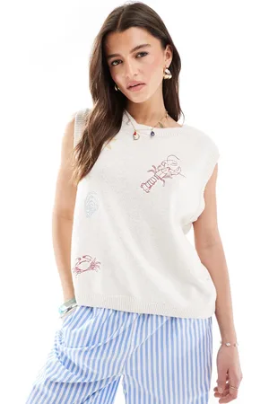 ASOS Ecrufarvet strikket shell-tanktop med broderede fisk-Hvid