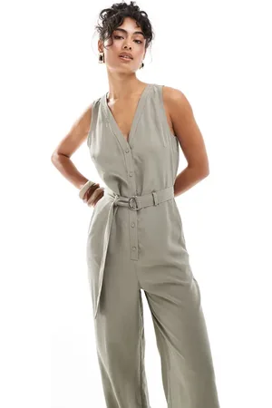 MANGO Kakigrønt jumpsuit med V-hals i hørblanding