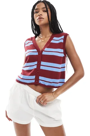 ASOS Strikket vest med V-hals og blå/bordeaux striber