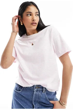 Pieces® T-shirt med opsmøgne ærmekanter og striber i pastel-lyslilla-Multifarvet