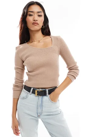 Y.A.S Beige top med asymmetrisk hals og lange ærmer i strik-Neutral