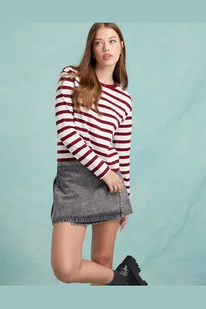 Miss Selfridge Langærmet T-shirt med bordeauxrøde striber-Multifarvet