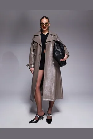 River Island Mørk beige trenchcoat i imiteret læder med krokodilletekstur-Neutral