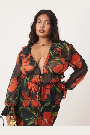 ASOS Curve - Langærmet top med flæser, bindebånd og blomstermønster i chiffon - Del af sæt-Multifarvet