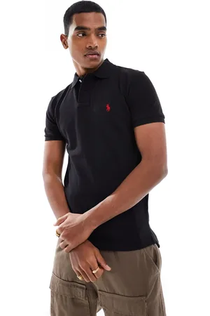 Ralph Lauren — Sort poloshirt i piqué med smal pasform og rødt logo