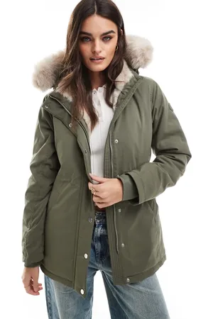 Hollister Støvet olivengrøn parka-jakke med imiteret pelshætte og teddy-for