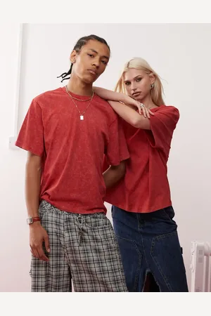 Reclaimed Unisex - Forvasket bordeauxrød og cropped T-shirt med firkantet pasform