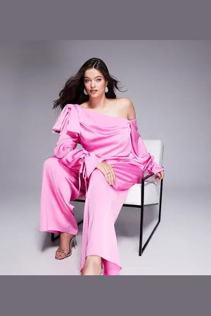 ASOS Curve - jumpsuit i satin med offshoulder og vide ben samt sløjfe