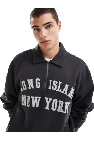 Hollister Beige sweatshirt med foldet krave, firkantet pasform, motivprint og kvart lynlås-Neutral