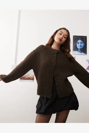 Weekday Alika - Chunky og mørkebrun cardigan i uldblanding-Grå