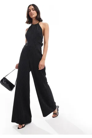 ASOS Jumpsuit med halterneck og bindebånd bagpå i sorte og hvide striber-Grøn