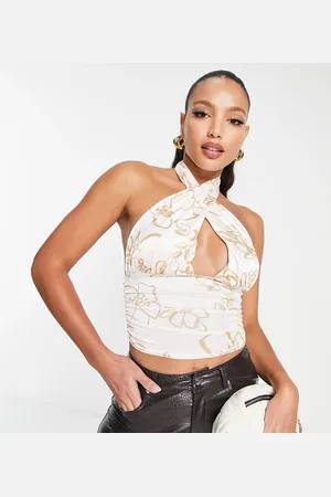 ASOS ASOS DESIGN Tall - Croptop i satin med krydset front, halterneck og blomstermønster