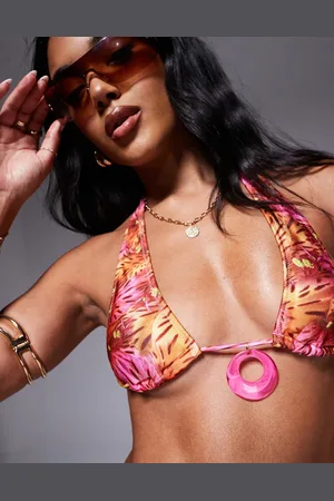 Candypants Pink bikinitop med abstrakt print og halterneck samt perledetalje