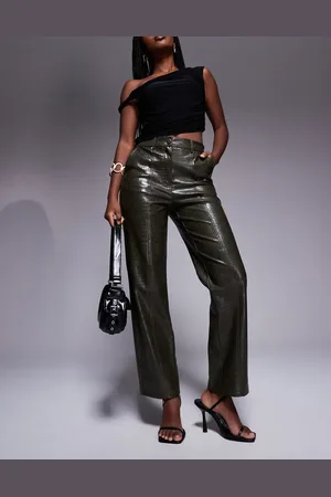 River Island Mørkegrønne crop-bukser med krokodillemønster i imiteret læder