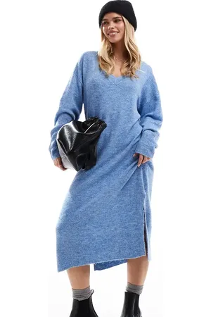 VERO MODA Blåmeleret oversized maxikjole med V-hals i strik