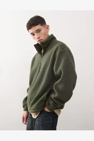 Weekday Travis - Kakigrøn fleece-sweatshirt i imiteret lammeskind med kort lynlås