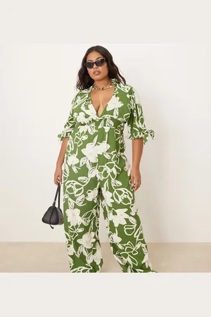 ASOS ASOS DESIGN Curve - Grønt jumpsuit med rynket talje og blomstermønster-Multifarvet
