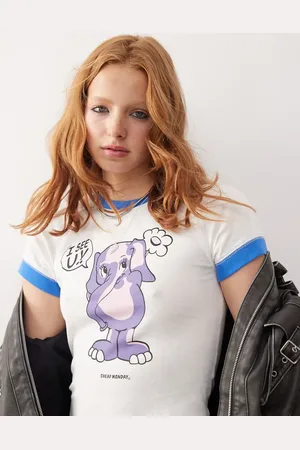 Cheap Monday Krympet baby-t-shirt med raglandetaljer og elefant-grafikprint-Hvid