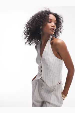 Topshop Cremefarvet vest med striber og halterneck i hør - Del af sæt-Hvid