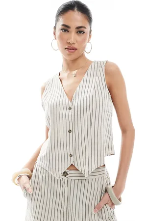 VERO MODA Beige og stribet vest i hørlignende materiale - Del af sæt-Neutral