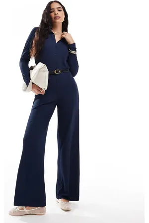 VERO MODA Blåt jumpsuit med krave og knapper i jersey