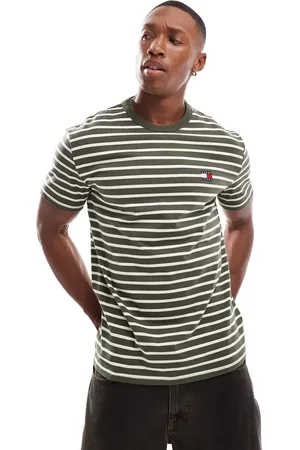 Tommy Hilfiger Stribet T-shirt i olivengrøn og cremefarvet med badge-Multifarvet