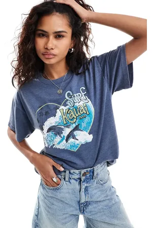 Daisy Street Afslappet T-shirt med grafisk delfinprint i vasket blå