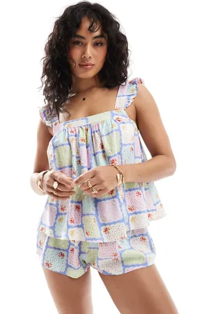 Cotton On Cotton On - Vævet babydoll-sæt med cami-stropper og lommetørklædeprint-Hvid