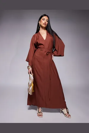 ASOS Mørkebrun kimono-midikjole med slå-om-snit-Multifarvet