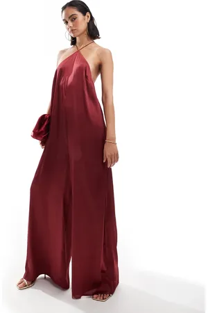 ASOS Bordeauxrød jumpsuit i satin med halterneck