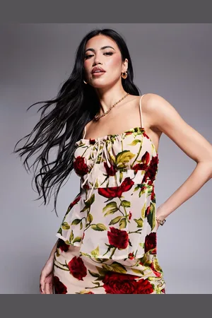 Rare Fashion London - Beige cami-top med bindedetalje på brystet og roseprint - Del af sæt
