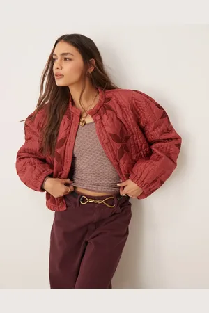 Free People Quinn - Orangerød og quiltet jakke med patchworkdesign