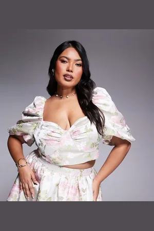 ASOS Curve - Top med pufærmer og tulipanmønster i jacquard - Del af sæt-Multifarvet