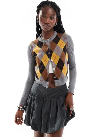 Daisy Street Gråmeleret cardigan med panel med harlequin-mønster fortil