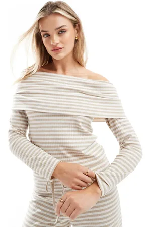 Pieces® Ribstrikket bandeau-top med beige striber i jersey - Del af sæt-Neutral