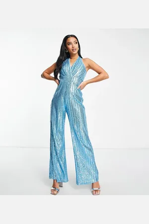 Jaded Rose Halterneck-jumpsuit med ben med vidde i stribet blåt pailletstof
