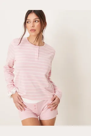 ASOS Mix og match - Stribet pyjamastop i henley-stil med scrunchie-Lyserød