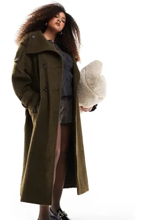 ASOS ASOS DESIGN Curve - Kakigrøn trenchcoat i børstet materiale med ståkrave