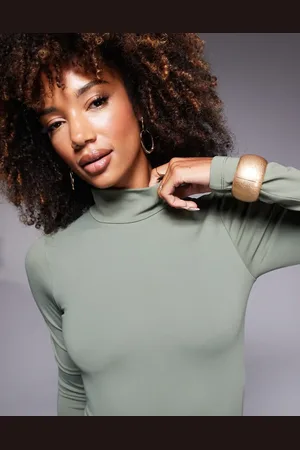 ASOS Premium - Kakigrøn formgivende bodystocking med høj hals og lange ærmer
