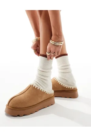 South Beach Gyldenbrune slip-on-mules med flatform-sål i fåreskind