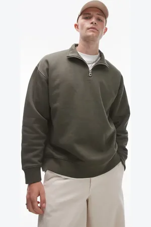 Topman Premium - Kakigrøn oversized sweatshirt med 1/4 lynlås i kraftigt stof