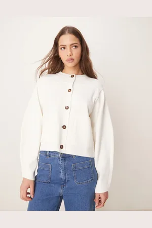 ASOS Struktureret kompakt cremehvid strik-cardigan med rund hals og lommedetalje