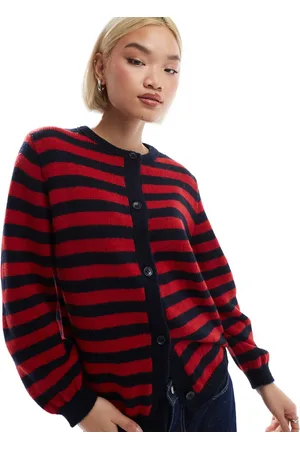 ASOS Strikket og plysset cardigan med slørede marineblå/røde striber-Multifarvet