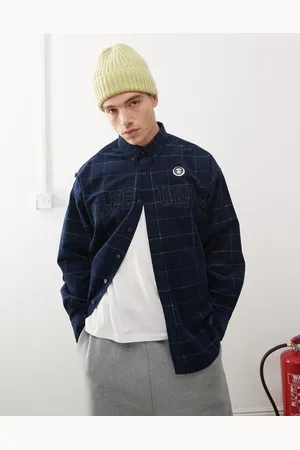 A Bathing Ape Aape By A Bathing Ape - Marineblå og grøn-ternet skjorte med lange ærmer og logo