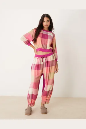Free People Pink og multifarvede pyjamasbukser med tern i flonel - Del af sæt-Lyserød