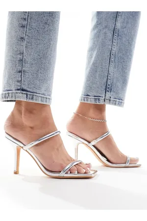 Glamorous Sølvfarvede mule-sandaler med to stropper og hæl