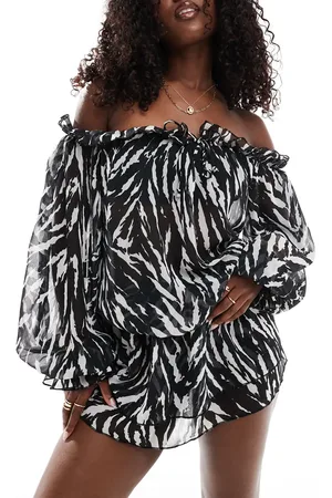 Aria Cove Offshoulder-strandkjole med flæser og zebraprint-Multifarvet
